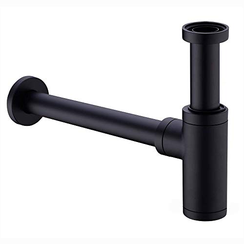 Sifón de diseño de latón [extralargo de 200 mm, sifón universal Keymark, para lavabo y lavabo, sifón de olor 1 1/4 x 32 mm, desagüe a medida, color negro mate