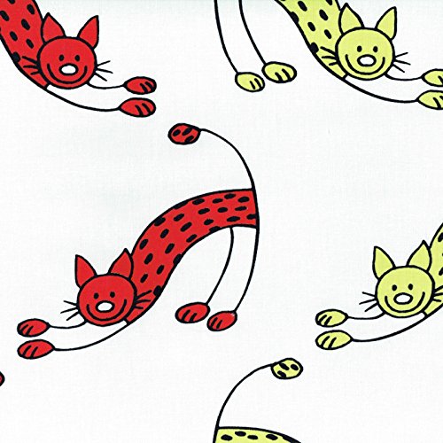 Tela gato ‘los gatos juguetones’ rojo y verde anís - 100% algodón suave | ancho: 140cm (1 metro)