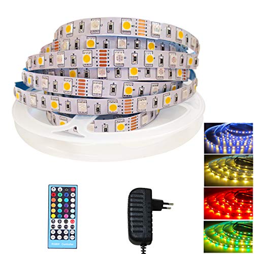 Tesfish 5M RGBWW Tira de LED RGB + Blanco Cálido Color Mezclado DC12V 300 LEDs 5050 Tira de Luces LED con Adaptador de Corriente y Control Remoto para Decoración del Hogar, Fiesta, Cocina