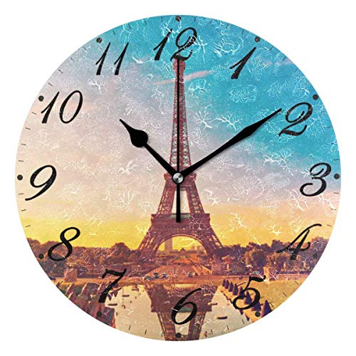 Torre Eiffel Salida del sol París Reloj de pared Silencioso Sin tictac Francia Retro Relojes antiguos con pilas Reloj de escritorio vintage Cuarzo Analógico Dormitorio silencioso Sala de estar Decorac
