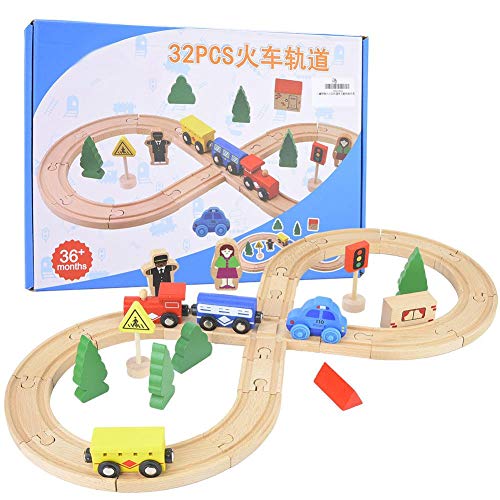 Tren de riel de madera, conjunto de bricolaje Conjunto de tren de madera Rieles de tren de doble cara con carro para niños pequeños de 3 años