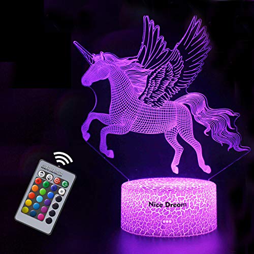 Unicornio 3D Luz Nocturna para Niños, LED Luces nocturnas Ilusión, 3D Lámpara de Luz 7 Colores Cambian con Control Remoto, Regalos para Niños Niñas y Adultos (unicornio2)