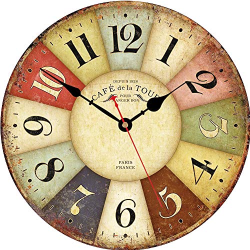 VIKMARI los números en Silencio para no Hacer tictac del Reloj de Pared rústica Romana Redonda de Madera Decorativo de la Pared Relojes 8 Inch Paris Francia