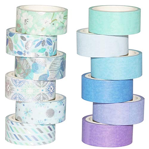 Yubbaex Washi Tape Set 12 Rollos cinta adhesiva decorativa Washi Glitter Adhesivo de Cinta Decorativa para DIY Crafts Scrapbooking 15mm de ancho (Azul Mezcla)