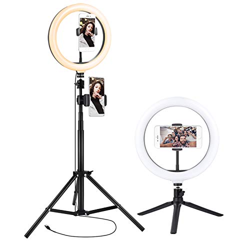10.2'' LED Anillo de luz con Trípode Metal de Escritorio Aro de Luz 2 Trípode Soporte 1.59 m 3 Colores 10 Brillos Regulables Control Remoto Bluetooth para Tiktok Live Selfie Volg Youtube Maquillaje