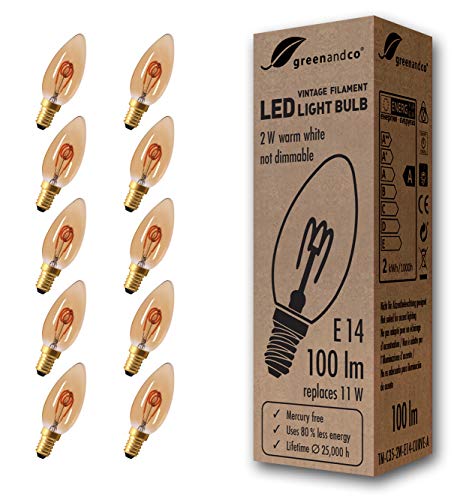 10x Bombilla de filamento LED greenandco® Vintage E14 2W (corresponde a 11W) 100lm 2000K (blanco cálido) 360° 230V vidrio, no regulable