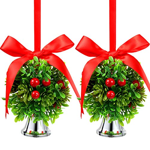 2 Bolas Colgantes de Muérdago de Navidad Bolas de Muérdago Artificiales de Vacaciones Decoraciones de Bolas de Besos de Navidad con Nudo de Lazo Campana para Decoración Navideña, 5 Pulgadas