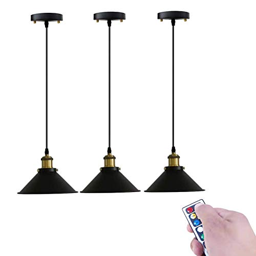 3 Vintage Black Pendant Light, Battery Operated Led Industrial Hanging Pendant Light with Remote Control for Restaurants Galleries Aisle Kitchen Room Doorway (Color : Black)