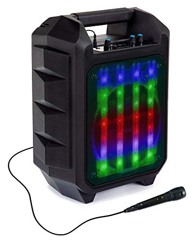 Beatfoxx OutdoorJam - Altavoz LED con Bluetooth para exteriores (sistema de karaoke, radio, USB y AUX, PA con micrófono de mano, batería integrada de 2200 mAh), color negro