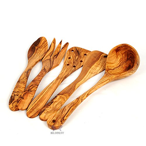 BeldiNest Juego de cinco utensilios de cocina hechos a mano de madera de olivo densa: cuchara y tenedor (servidores de ensalada), juego de 2 espátulas y cucharón grande