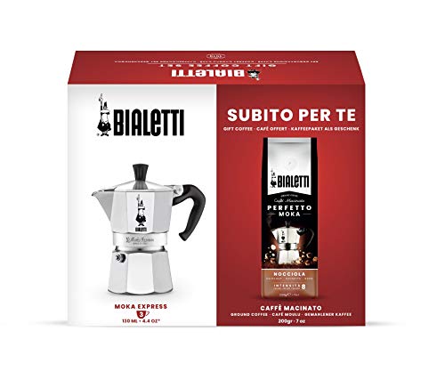 Bialetti Express - Cafetera de 3 tazas + café molido, 200 g, sabor avellana, paquete de regalo, aluminio
