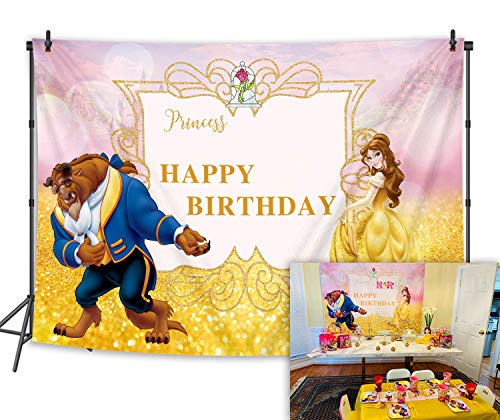 BINQOO - Fondo para fotografía de cumpleaños de la Bella y la Bestia de 7 x 5 pies con texto en inglés "Happy Birthday"
