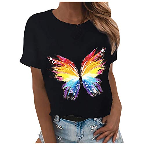 Camisetas Deporte Mujer Impresión de Mariposa Arcoiris Cuello Redondo BáSicas Manga Corta Blusas Camisa Top Camiseta Mujers Running Talla Grande 2021