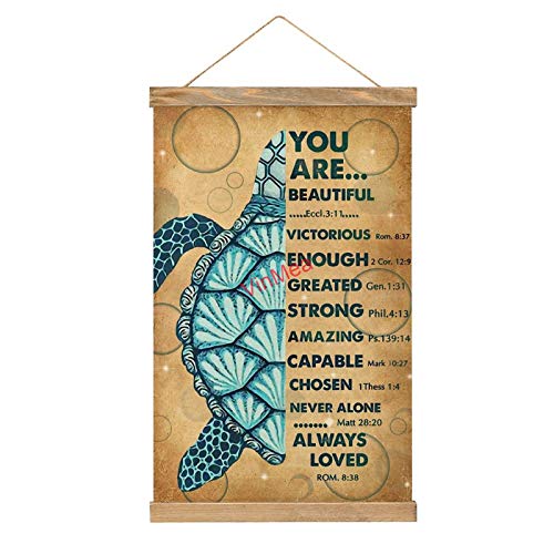 Canvas Wall Hanging You Are Beautiful Turtle with Scroll Teak Wood Hanger for Wall Art Decor