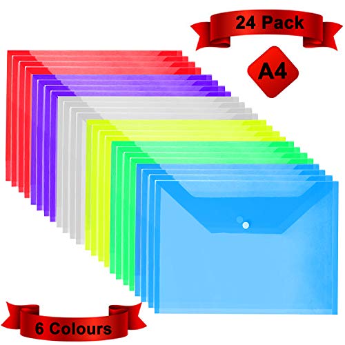 Carpetas Plastico (Pack de 24) - A4, 6 Colores Surtidos, Carpetas Transparentes para Documentos, Certificados, Recibos y Comprobantes