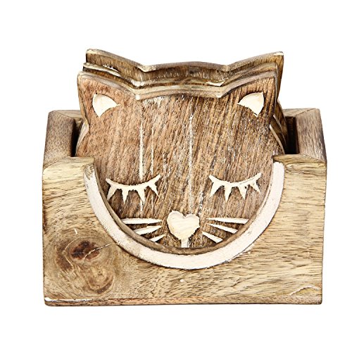 (Cat) - Wooden Coasters For Drinks Beer Wine Glass Tea Coffee Cup Mug With Elephant Carving & Coaster Holder (Cat)