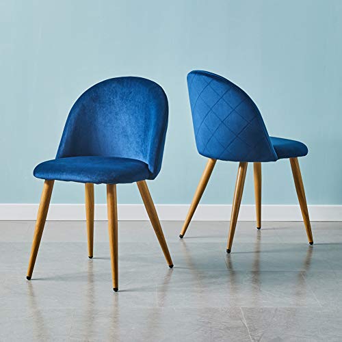 CLIPOP Juego de 2 sillas de comedor tapizadas de terciopelo con respaldo y patas de transferencia de metal, sillas de salón para comedor, sala de estar y muebles de oficina (azul real)