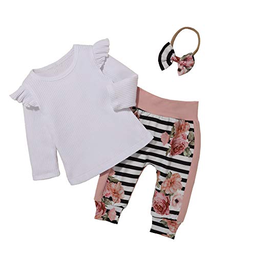 Conjunto de 3 trajes para niña con volantes blancos de manga larga + pantalones florales a rayas + diadema para bebé niñas