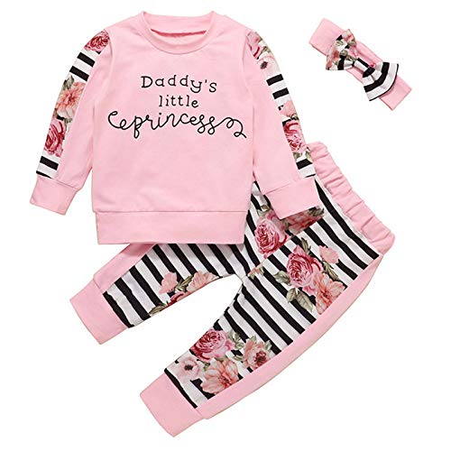 Conjunto de 3 trajes para niña de manga larga con diseño floral a rayas y pantalones y diadema para bebé