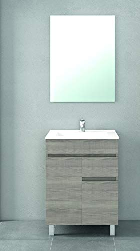 Conjunto de Mueble de baño con Lavabo de Porcelana y Espejo - 2 Puertas y 1 Cajón amortiguado - El Mueble va MONTADO - Modelo Clif (60 cms, Estepa)