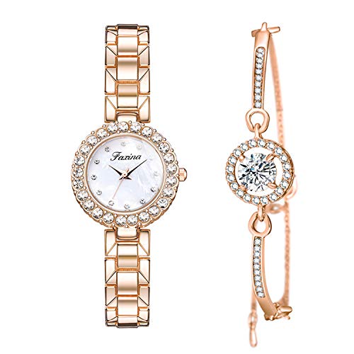 Conjunto de Reloj Mujer Cristales Relojes Oro Rosa Brillante Relojes Elegante Esfera Madreperla