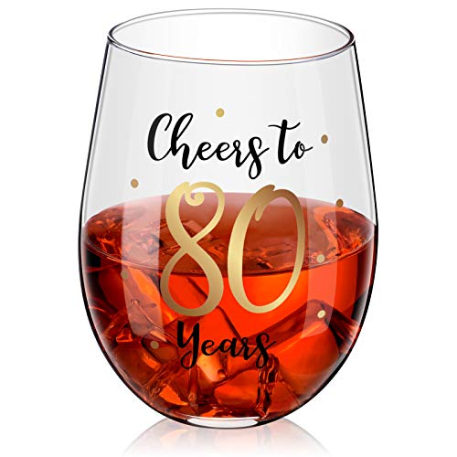 Copa de Vino sin Tallo de Cumpleaños Copa de Vino de Cumpleaños Oro de Regalo para Decoraciones de Cumpleaños Aniversario Boda de Mujeres Hombres, 17 oz sin Tallo (Cheers to 80 Years)