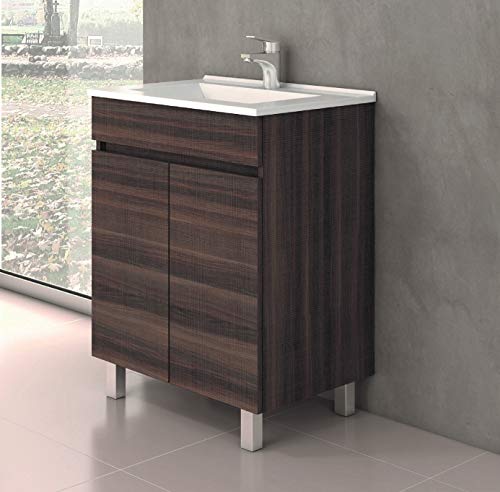 CTESI Conjunto de Mueble de baño con Lavabo de Porcelana y Espejo - con 2 Puertas - El Mueble va MONTADO - Modelo Luup (60 cms, Tea)