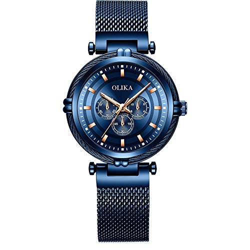 CXJC Reloj de moda femenino de dial redondo de 32 mm, reloj deportivo femenino impermeable 3ATM, tres colores de plata, azul y dorado están disponibles (Color : Azul)