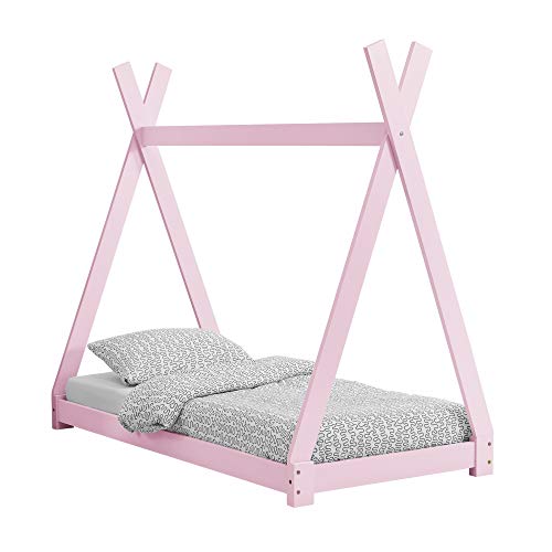 [en.casa] Cama para niños 80 cm x 160 cm Cama Infantil Estructura Tipi de Madera Pino Color Rosa