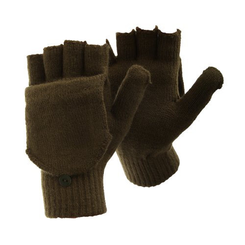 FLOSO - Guantes sin dedos convertibles en manoplas de invierno térmicos con capucha para hombre caballero (Talla Única/Verde botella)