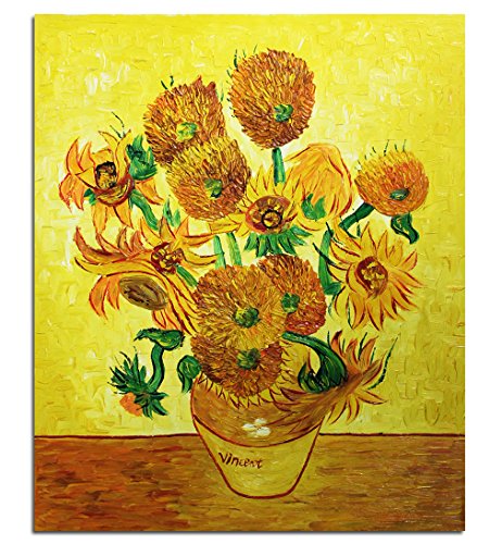 Fokenzary Pintura al óleo pintada a mano sobre lienzo Vincent Van Gogh, reproducción de girasoles clásicos, decoración de pared enmarcada lista para colgar (60 x 81 cm)
