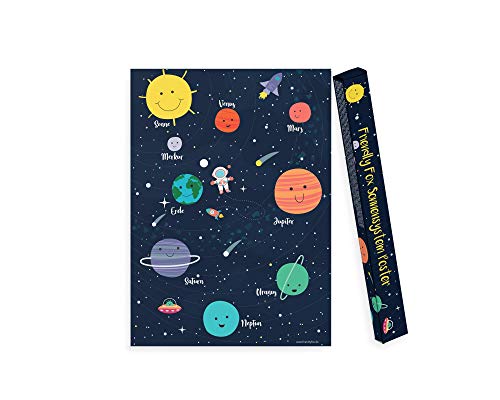Friendly Fox Póster del sistema solar para habitación infantil, póster espacial para niños, mapa del mundo de nuestros planetas, sol, luna y estrellas, sistema solar para regalo