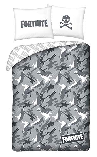 Halantex Fortnite 350BL - Juego de ropa de cama (2 piezas, 140 x 200 cm y funda de almohada, 100% algodón, certificado Öko-Tex), color negro, gris y blanco