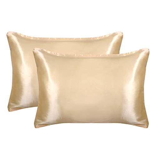 HAUSEIN Juego de 2 fundas de almohada de satén de seda para cabello y piel, tamaño estándar, suave, lujosas, con cierre de sobre, color champán, 50 x 75 cm