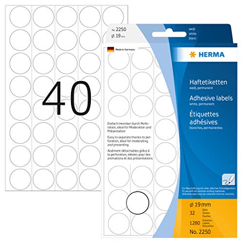 Herma 2250 - Etiquetas multiuso, diámetro 19 mm, redondo, papel mate, papel de soporte perforado, 1280 unidades, color blanco