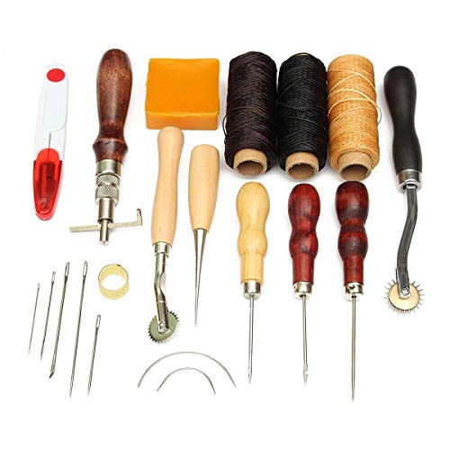 Herramientas de costura de cuero DIY herramientas de artesanía de cuero conjunto de herramientas de costura a mano con punzón ranurado hilo encerado kit dedal (14 piezas)