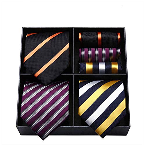 HISDERN Lote 3 PCS Set de corbata para hombre Banquete de boda de negocios clasico Lunares Compruebe raya de color solido Corbata y bolsillo cuadrado - Conjuntos multiples