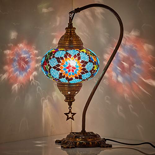 Impresionante lámpara de noche de cristal turco marroquí colorido Boho mesa escritorio lámpara de noche luz pantalla (azul y multi)