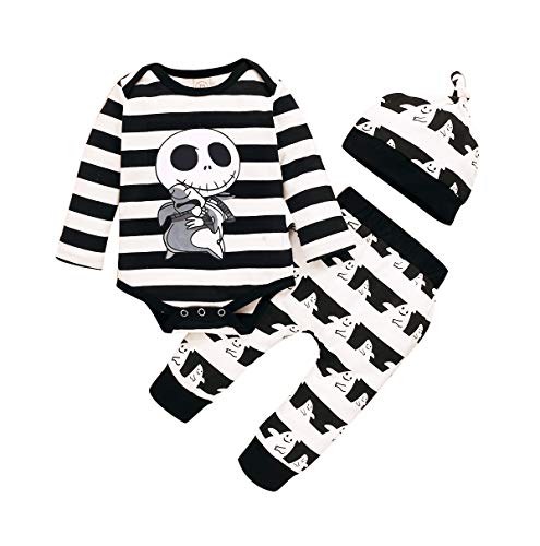 Infant Baby Boy Girl Traje de Halloween Pesadilla Antes de Navidad Ropa Skull Rompers Tops Fantasmas Pantalones Sombrero Set (Black, 0-6 Months)