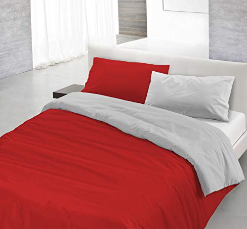 Italian Bed Linen Natural Doble Color y Funda de Almohada, Rojo/Gris Claro, sìngolo
