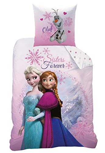 Juego de cama reversible de Disney Frozen 135 x 200 cm + 80 x 80 cm, 100% algodón, 2 Pink Mountain Elsa Anna y Olaf Frozen
