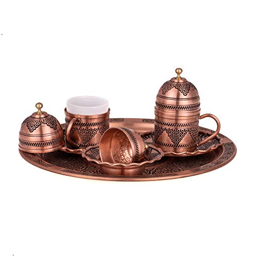 Juego de tazas de café turco con tapa, plato de servicio y plato de dulces, taza de moca Kahve Seti, taza de café turco, taza de café oriental, para 2 personas