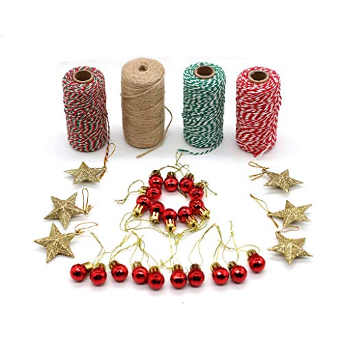 JUNICON - Juego de 4 rollos decorativos para Navidad, 437 m, para regalo de boda, cuerda de algodón + 20 cuentas rojas, 6 estrellas con purpurina para regalo de Navidad