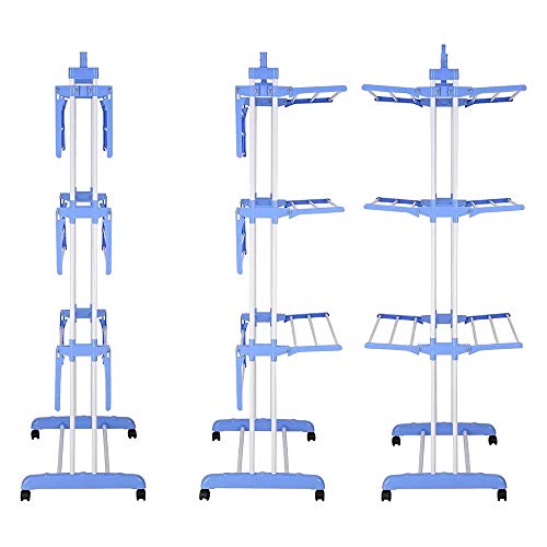 KaminHome - Tendedero Vertical Plegable John 3 Niveles con alas Plegables y Ruedas para Tender Secado Ropa niños Hombre Mujer Interior y Exterior (Azul)