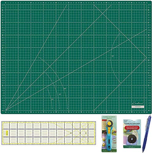 Kit Splash Kadusi Patchwork con base de corte verde, regla 15x60 (AMARILLA), cutter, recambio cuchilla y marcador de telas