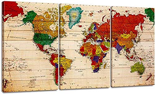Kribee Mapa del Mundo Arte de pared de 3 paneles Vintage Mapa del Mundo Pósteres Pintura abstracta Imágenes Imprimir mapas globales con nombres de países para oficina de 50,8 x 71 x 3 paneles