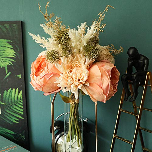 LACKINGONE - Ramo de flores artificiales en seda, diseño realista con tallos, incluye peonías, rosas, hortensias y gerberas, ideal para decoración en hogares y bodas, tonalidades rosáceas