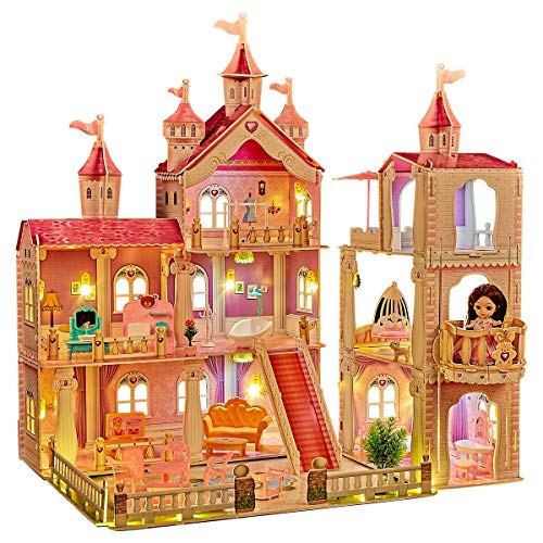 LADUO Casa de muñecas, con 36 Piezas de Accesorios para Muebles y Luces. 3 Pisos de Juguete de casa de muñecas Grande (Altura 83 * Longitud 74 * Ancho 63cm) para niñas de 3 a 6 años(3 Pisos)
