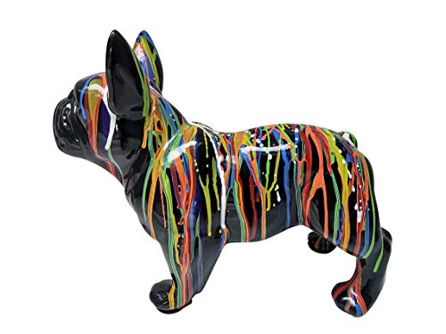 Laure TERRIER Estatua de Perro Grande, Bulldog Francés en cerámica Negra, Longitud 32 centímetros. Decoración, Gotas de Pintura Arcoiris