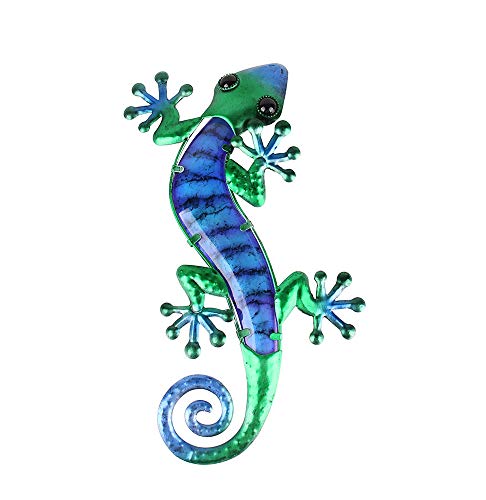 Liffy Metal Gecko Outdoor Wall Art Glass Lizard Decor Blue Garden Decorations for Patio or Door, 14.8 Inches Long
